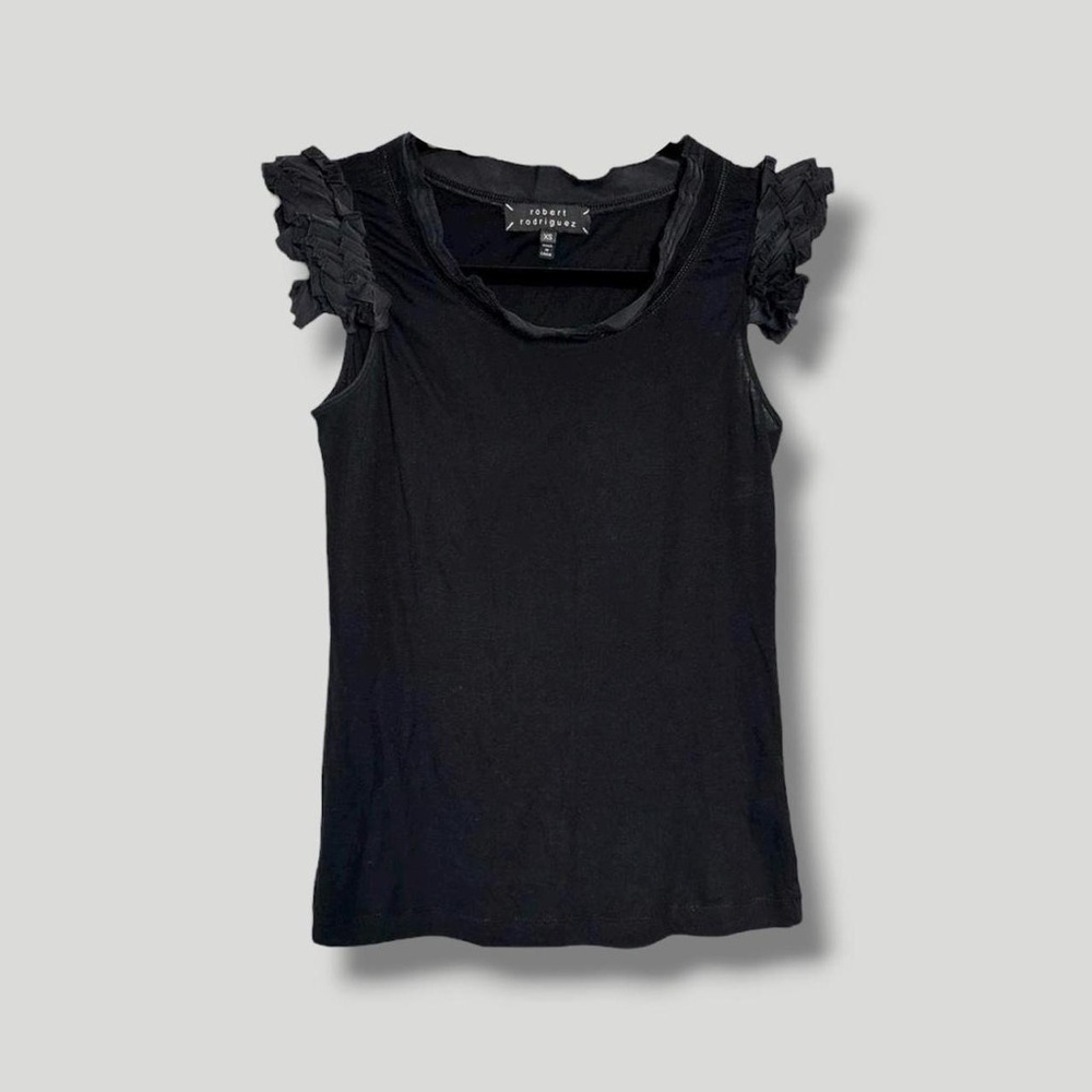 Robert Rodriguez Black Silk Chiffon Ruffle Short Sleeve Stretch Knit Top XS